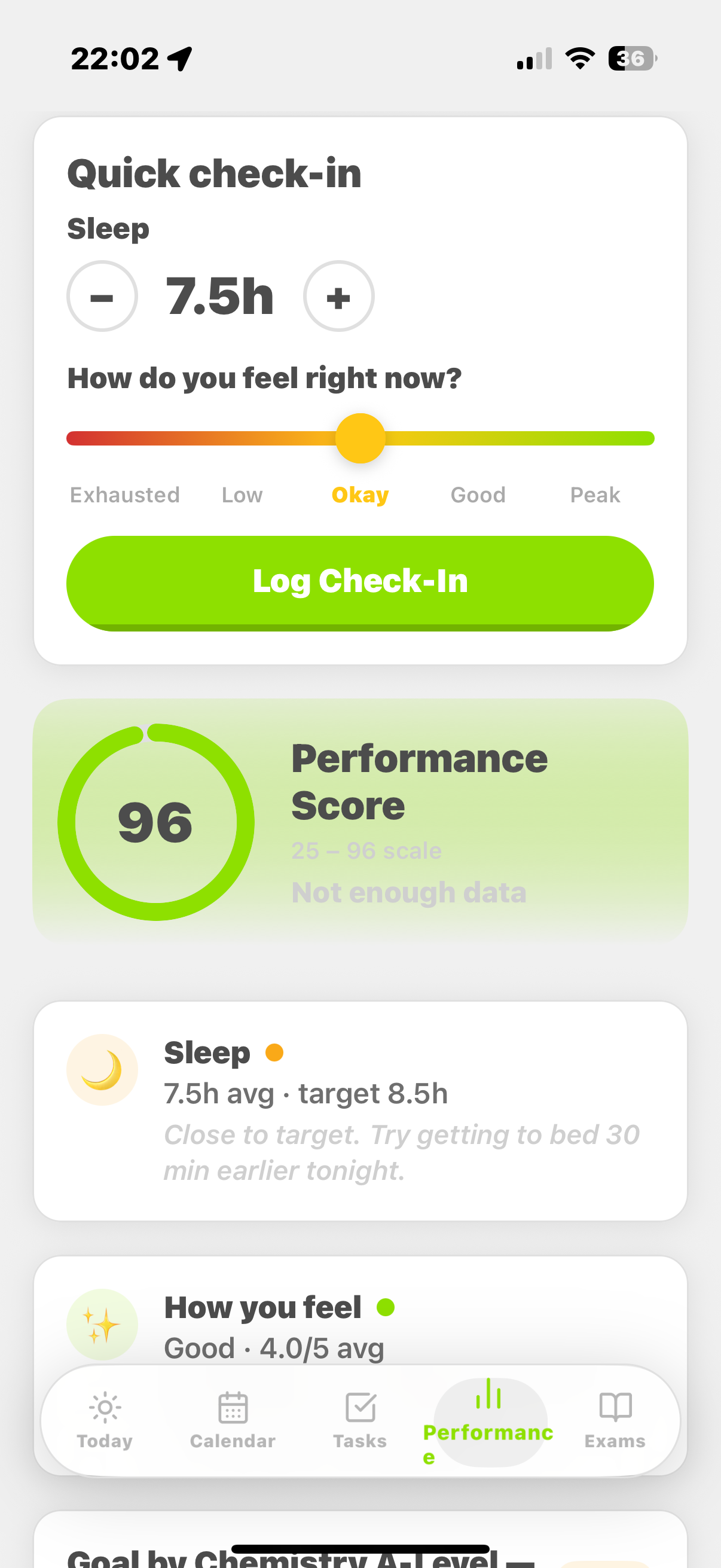 Performance screen with quick check-in and score ring