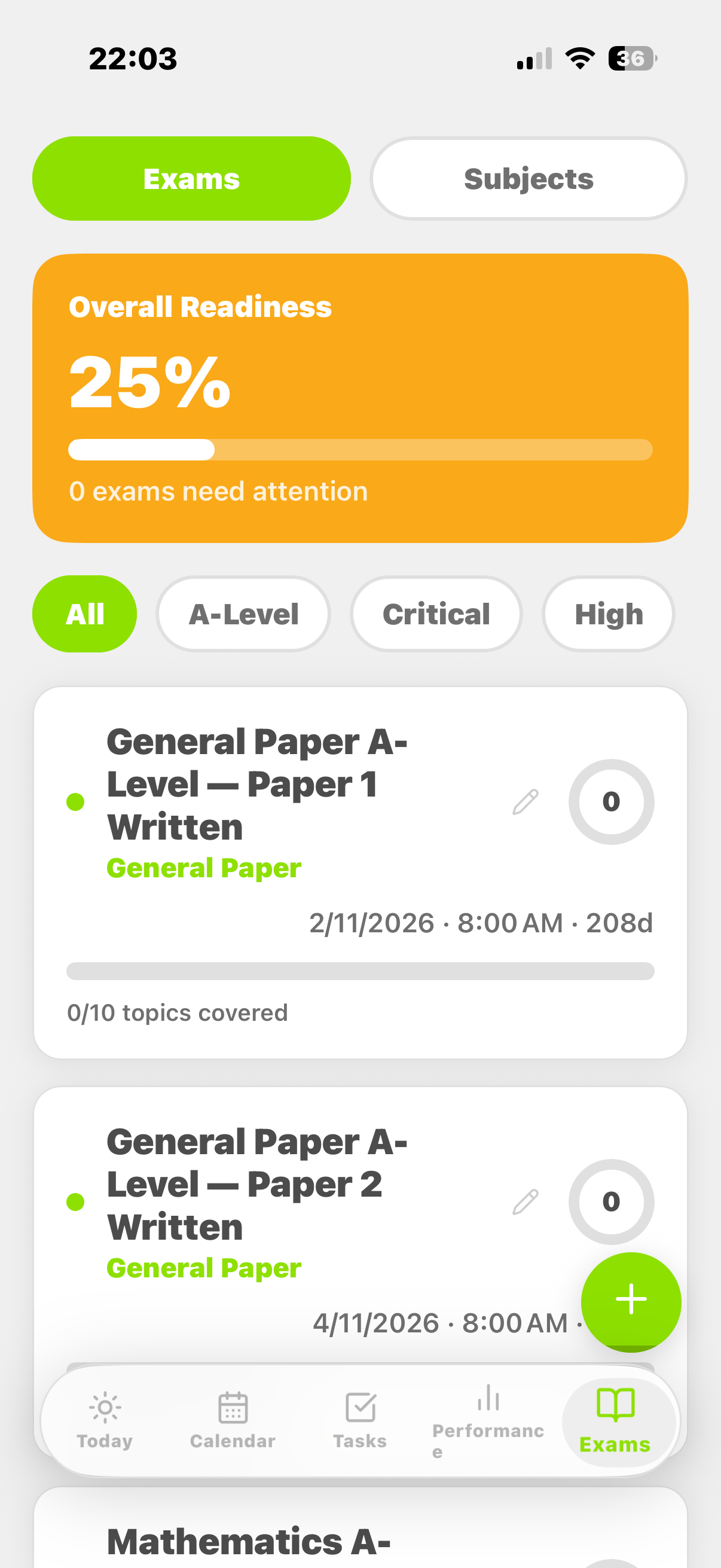 Exams screen with overall readiness and upcoming papers
