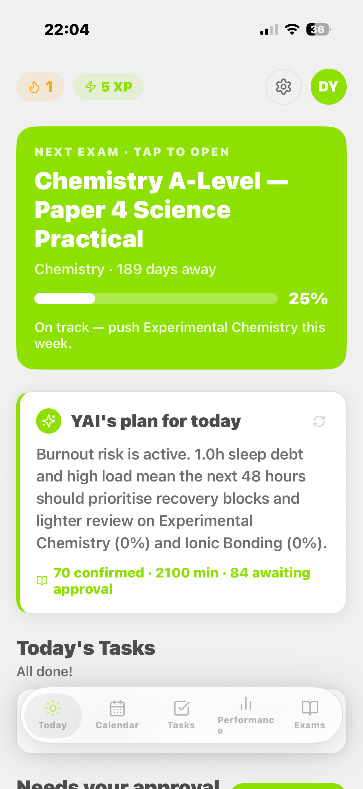 Home screen with next exam, YAI plan and tasks